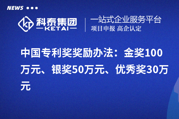 中國專利獎：金獎100萬元、銀獎50萬元、優(yōu)秀獎30萬元（省級）