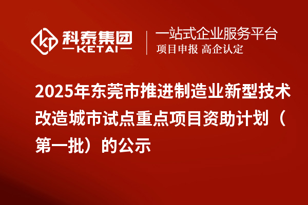 2025年東莞市推進制造業(yè)新型技術改造城市試點重點項目資助計劃(第一批)的公示